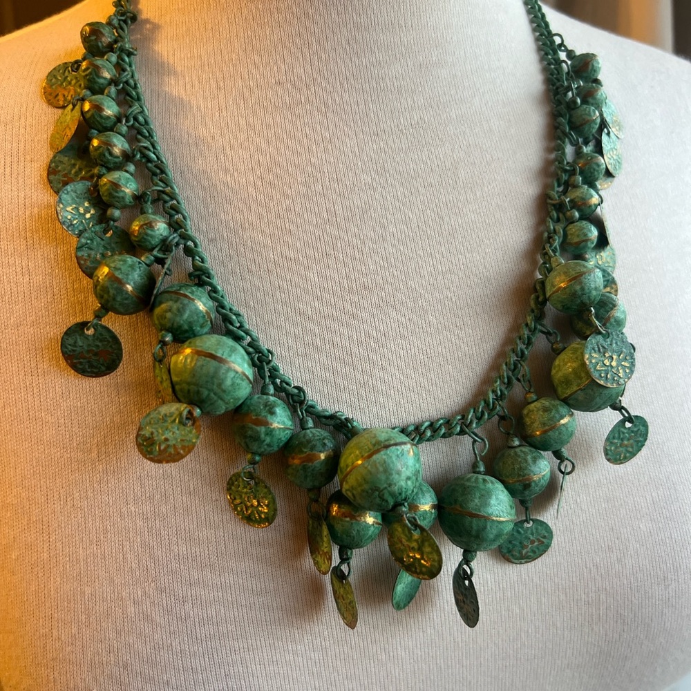 Bohemian Antique Brass Bell Turquoise and Gold Tone Necklace